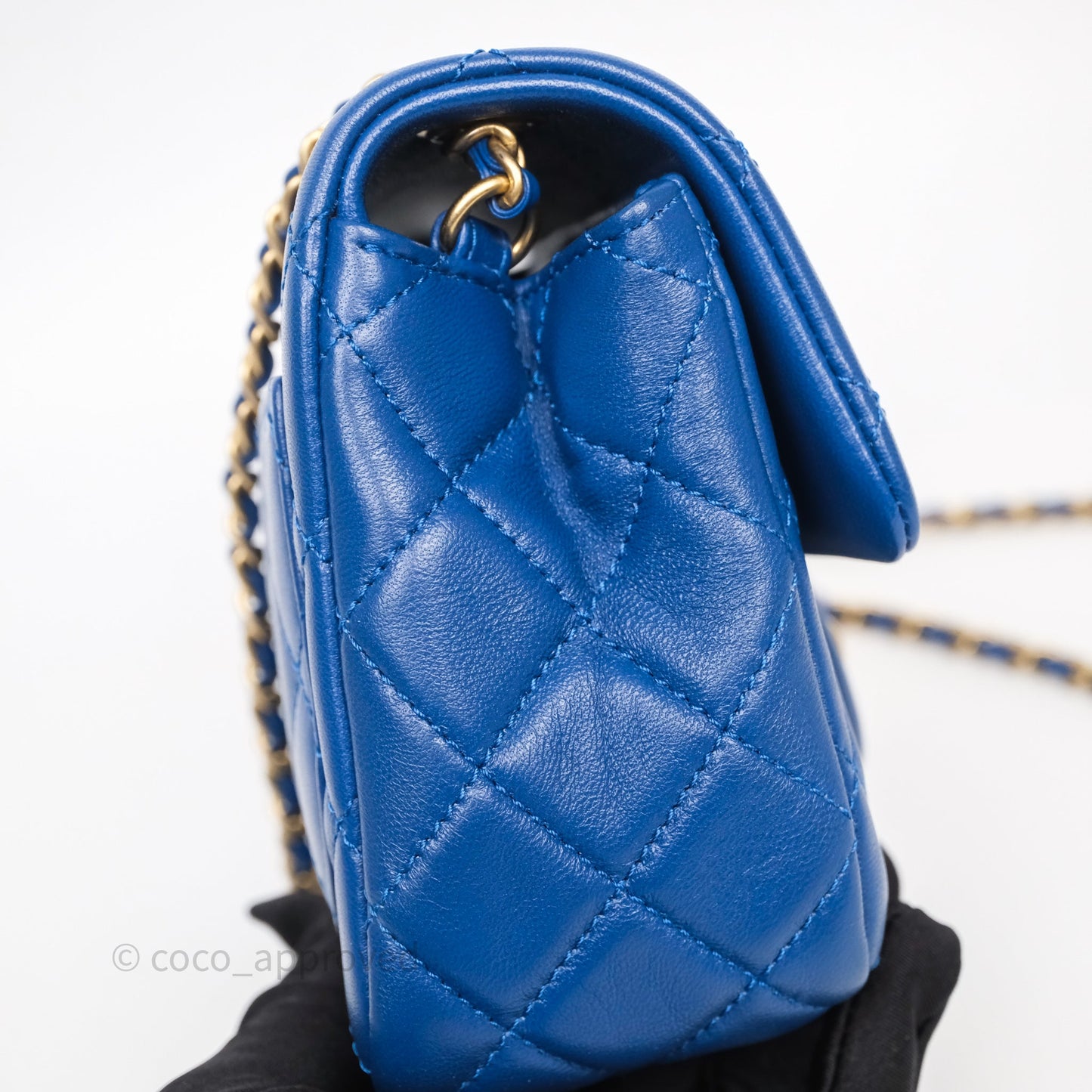 Chanel Pearl Crush Mini Square Quilted Blue Lambskin Aged Gold Hardware