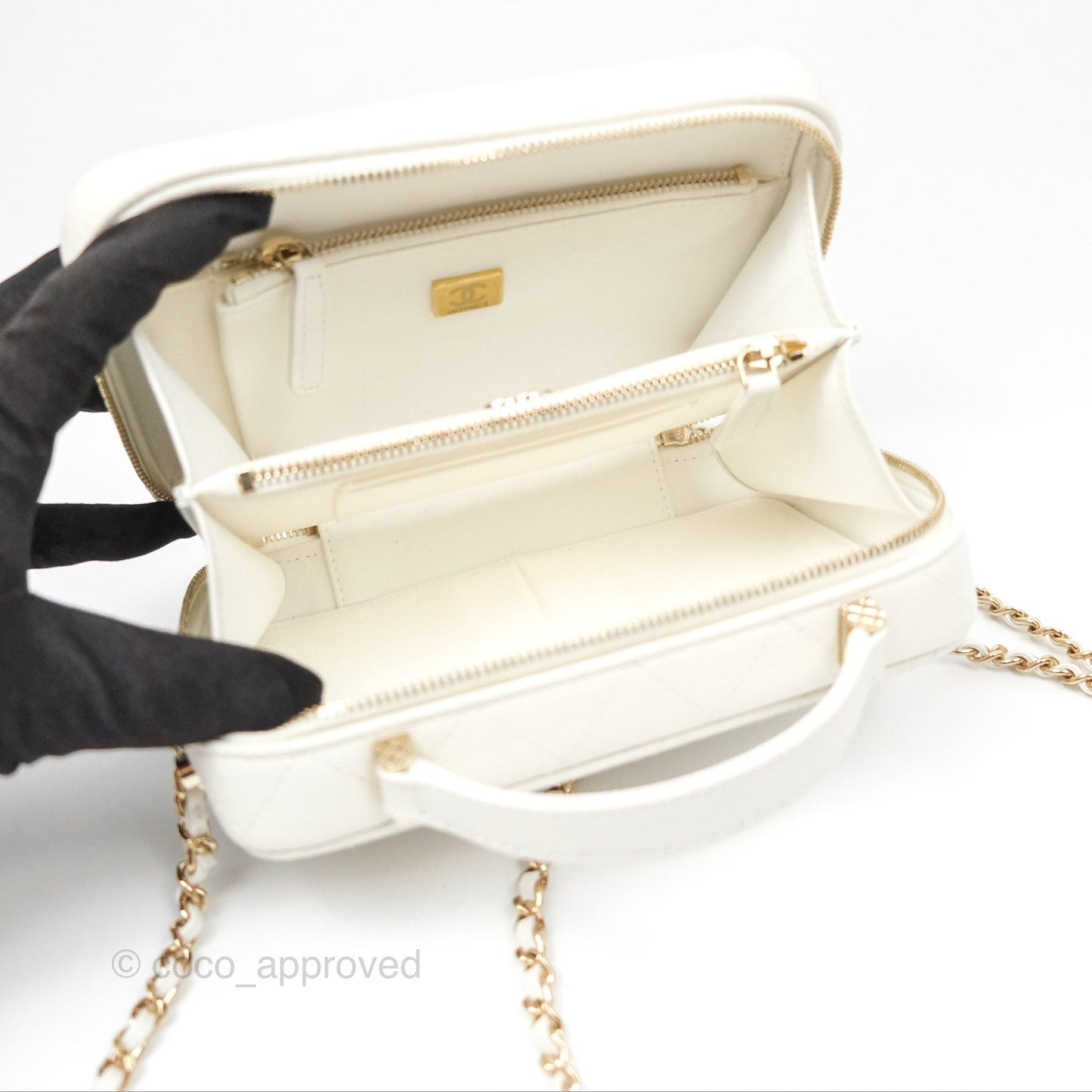 Chanel Quilted Top Handle Vanity White Caviar Gold Hardware