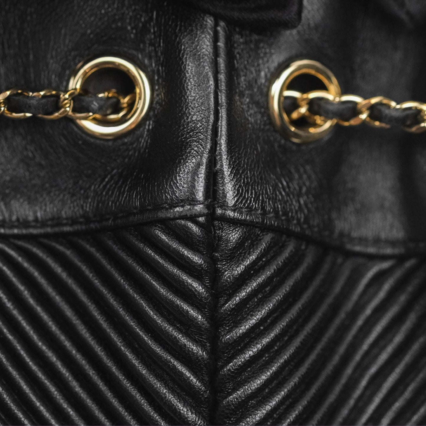 Chanel CC Chain Drawstring Bucket Bag Chevron Black Lambskin Gold Hardware