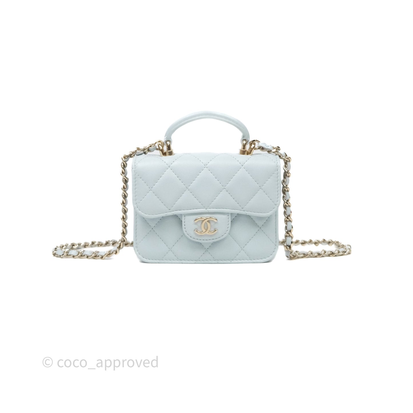 Chanel Mini Handle Flap Coin Purse With Chain Light Blue Lambskin Gold Hardware