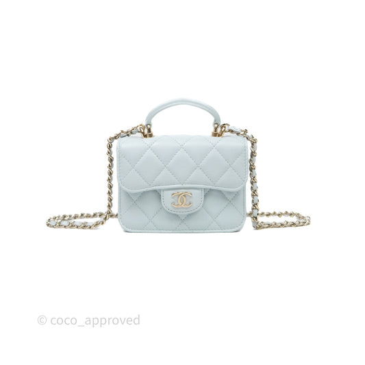 Chanel Mini Handle Flap Coin Purse With Chain Light Blue Lambskin Gold Hardware
