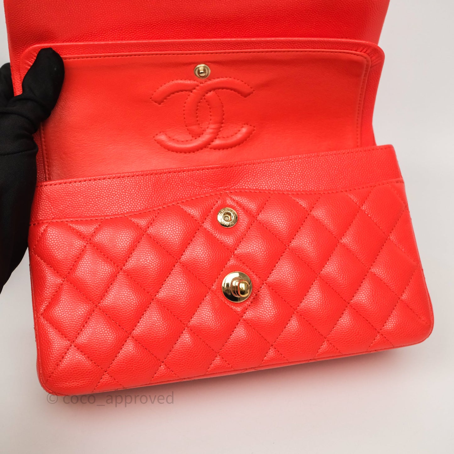 Chanel Small Classic Flap Quilted Red Orange Caviar Gold Hardware