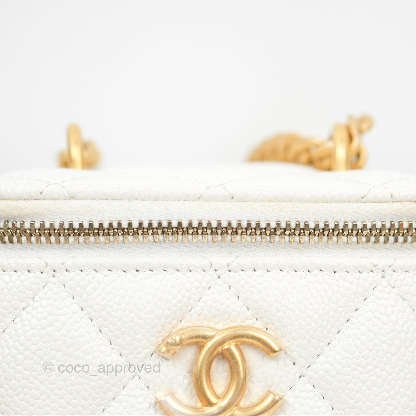 Chanel Quilted Heart Crush Mini Vanity With Chain White Caviar Aged Gold Hardware