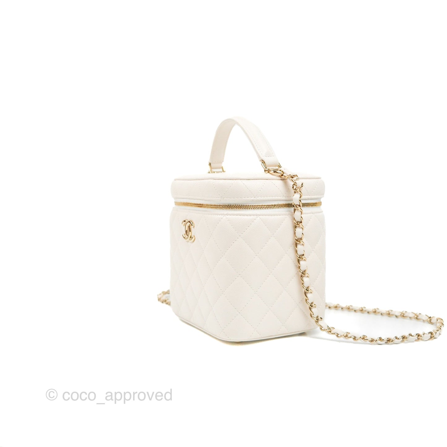 Chanel Quilted Top Handle Vanity Case White Caviar Gold Hardware