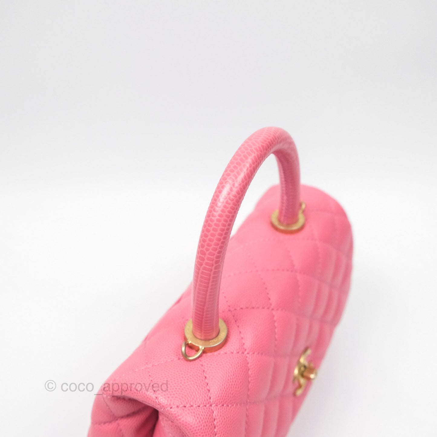 Chanel Small Coco Handle Quilted Pink Caviar Aged Gold Hardware Lizard Handle