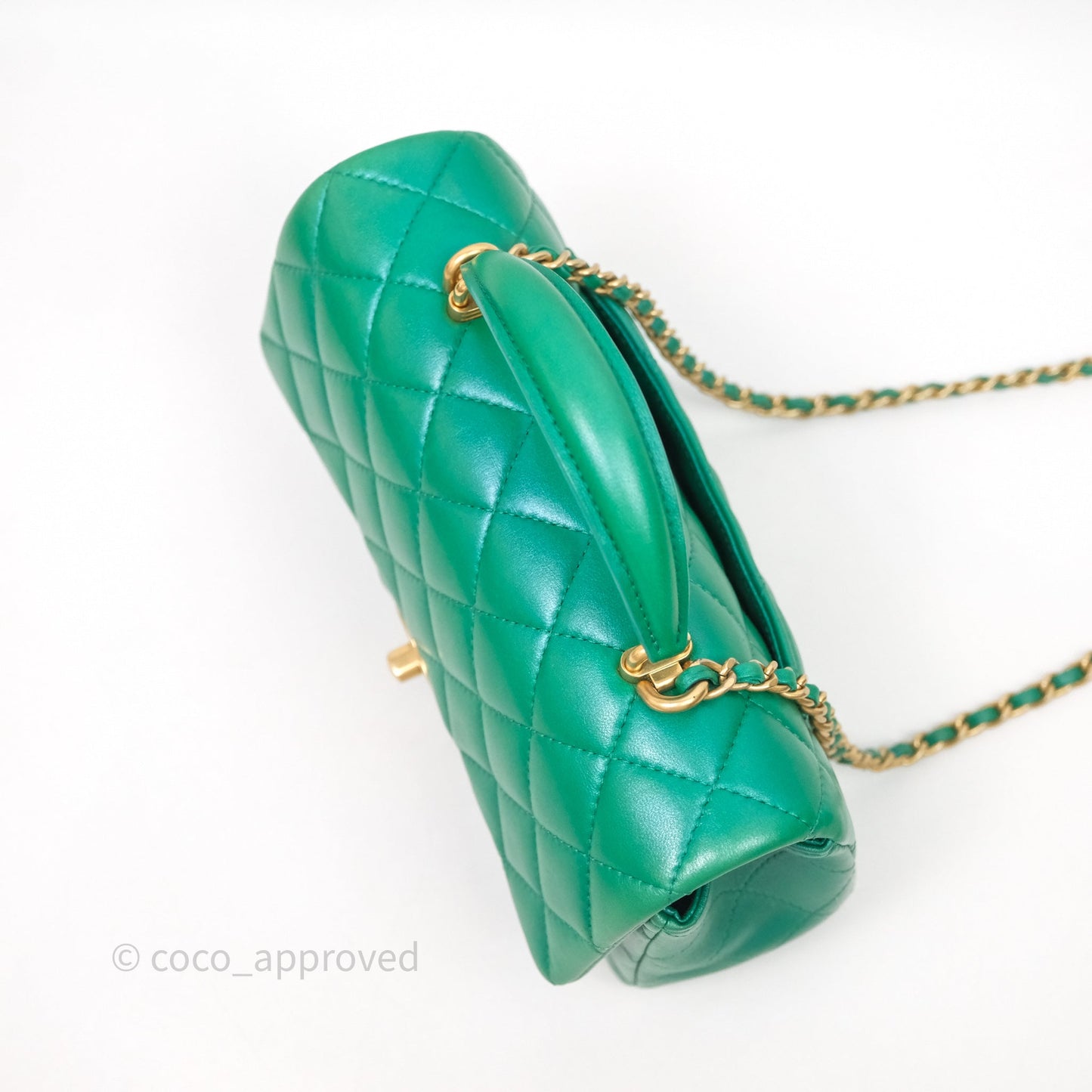 Chanel Top Handle Mini Rectangular Flap Bag Iridescent Green Lambskin Aged Gold Hardware