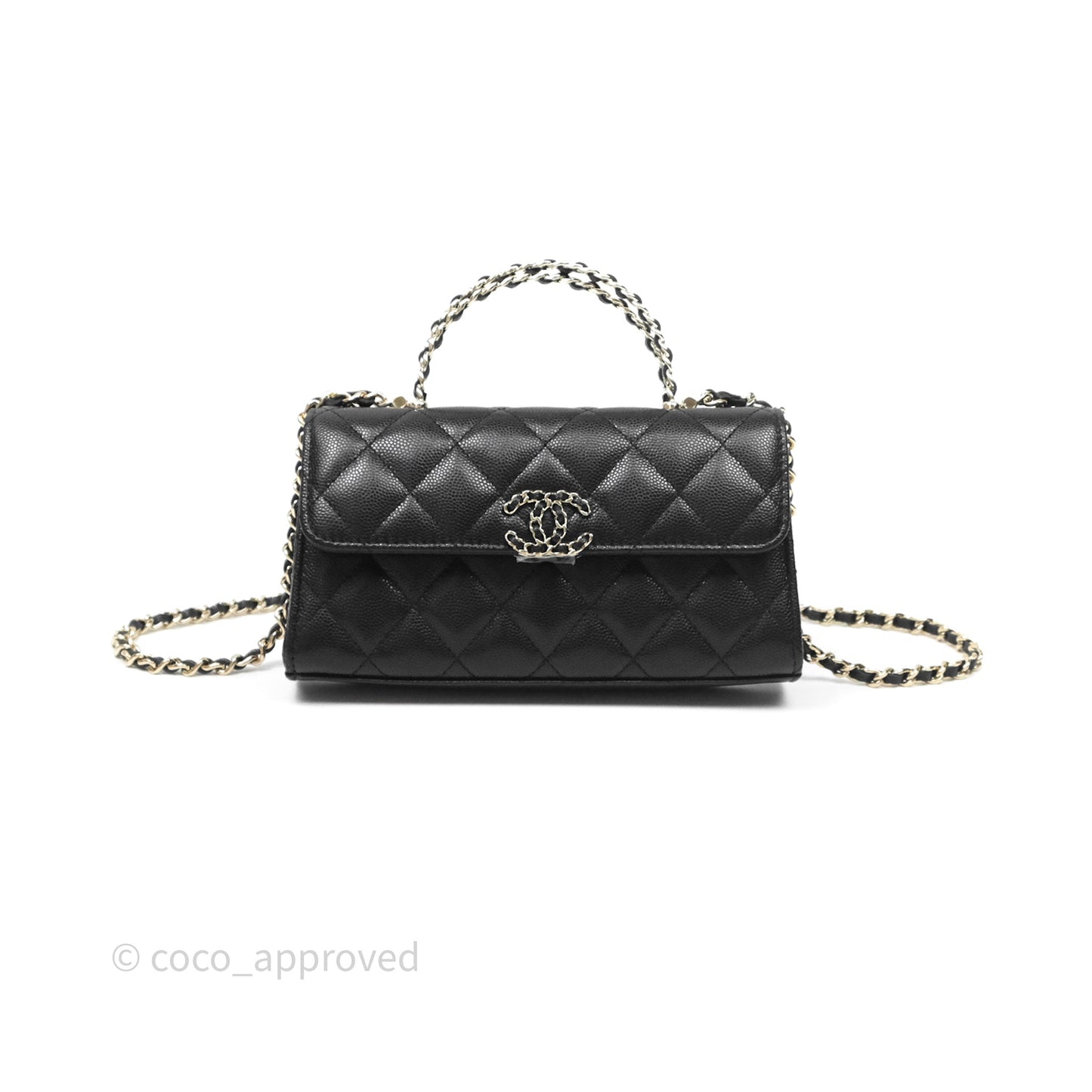Chanel Top Handle Clutch with Chain Black Caviar Light Gold Hardware