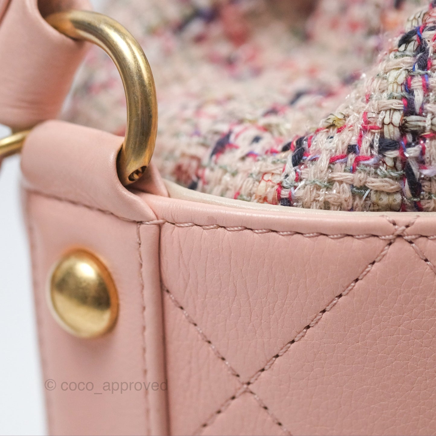 Chanel Quilted Top Handle Drawstring Bucket Bag Calfskin Tweed Pink Aged Gold Hardware