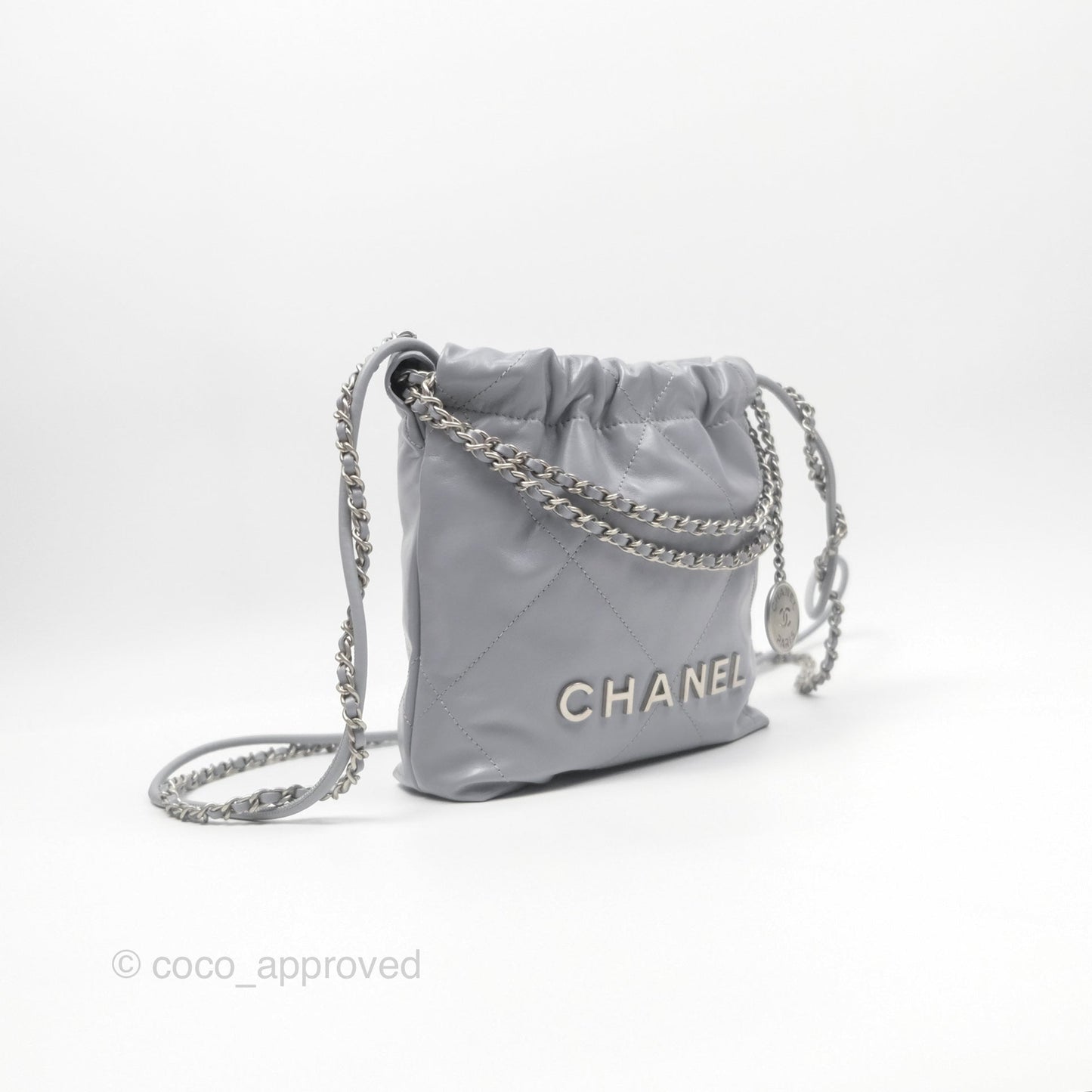 Chanel 22 Mini Bag Light Grey Shiny Crumpled Calfskin Matte Silver Hardware