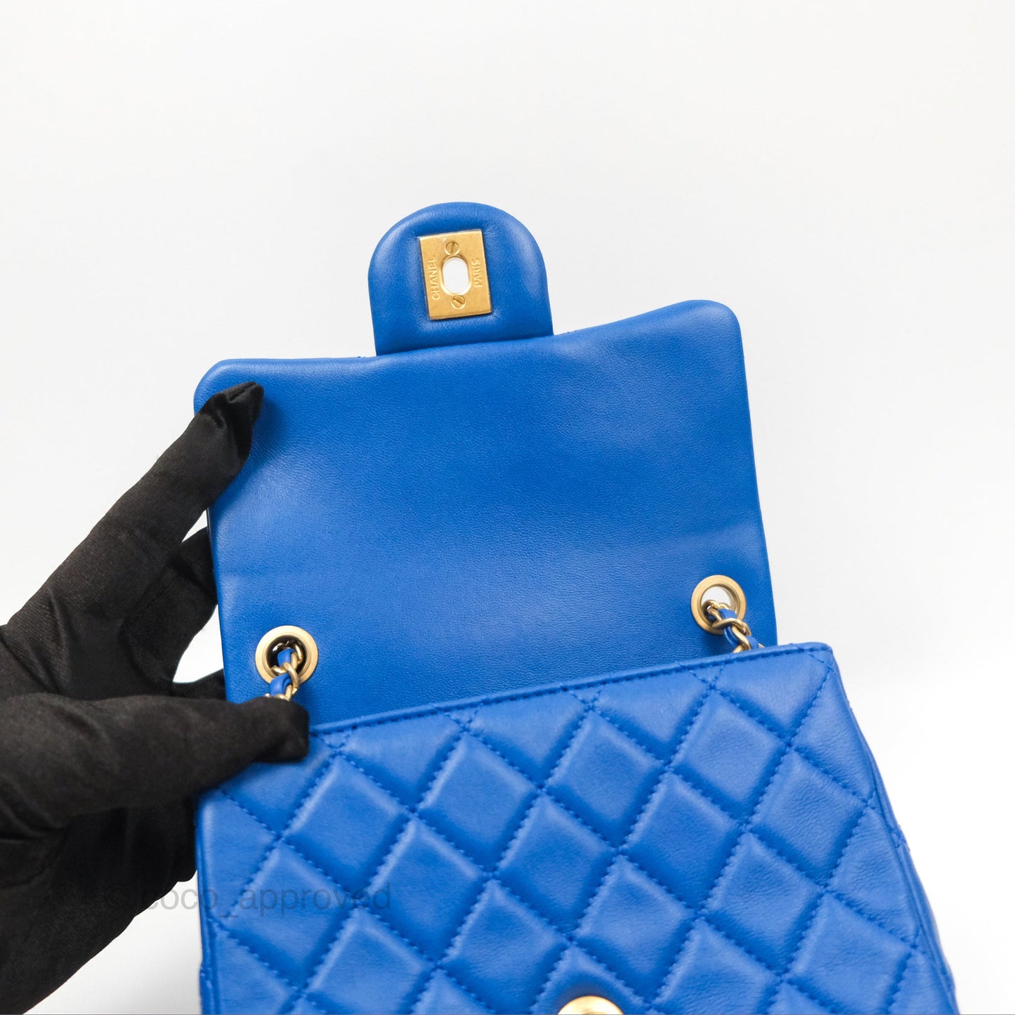 Chanel Pearl Crush Mini Square Quilted Blue Lambskin Aged Gold Hardware