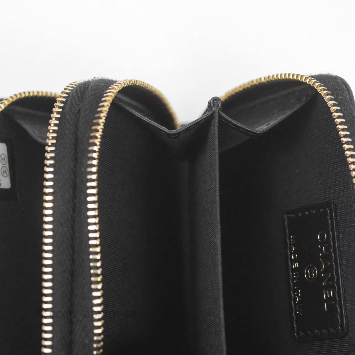 Chanel Miss Coco Quilted Zip Card Holder on Chain Black Caviar Gold Hardware