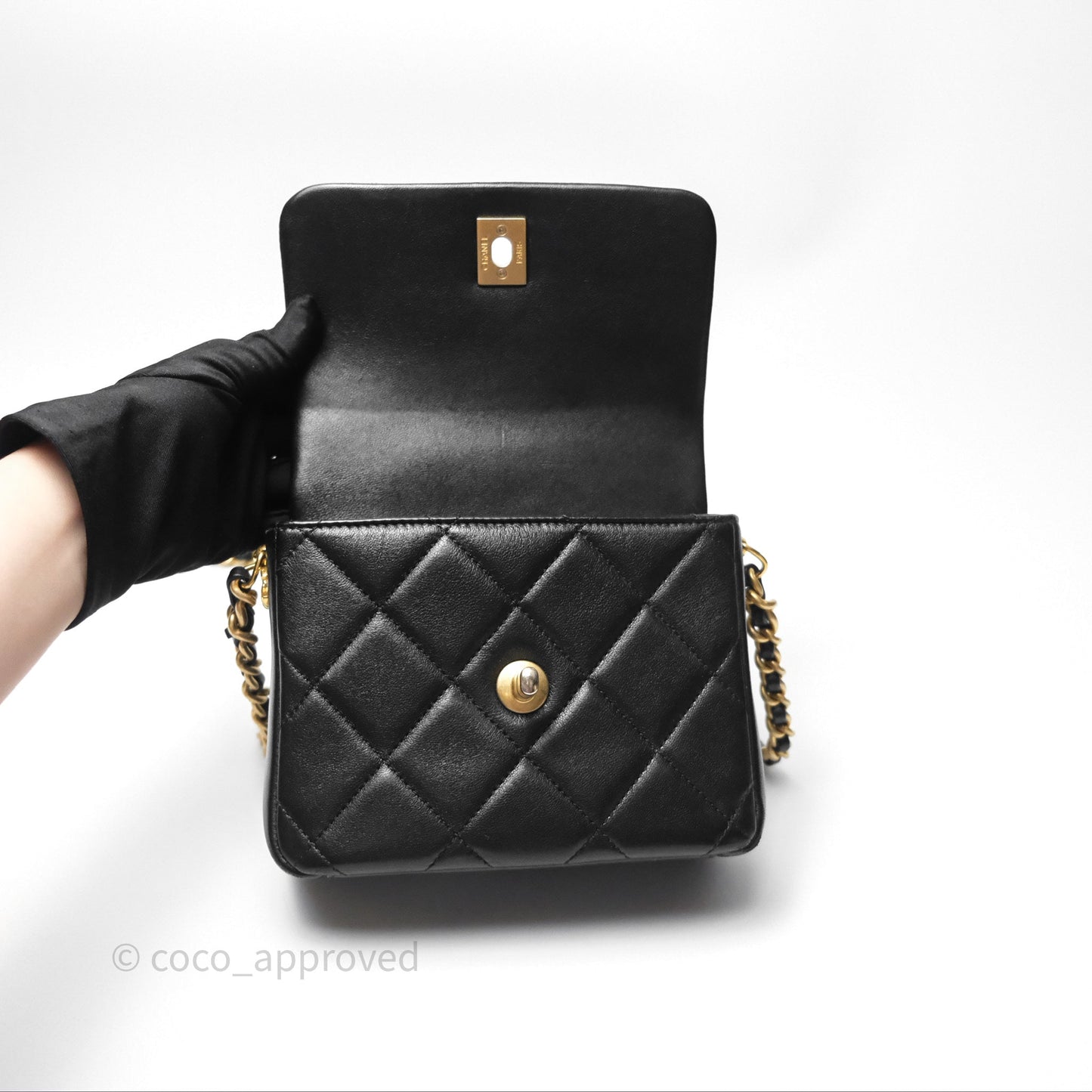 Chanel Logo Mini Square Flap Bag Black Lambskin Aged Gold Hardware 21B