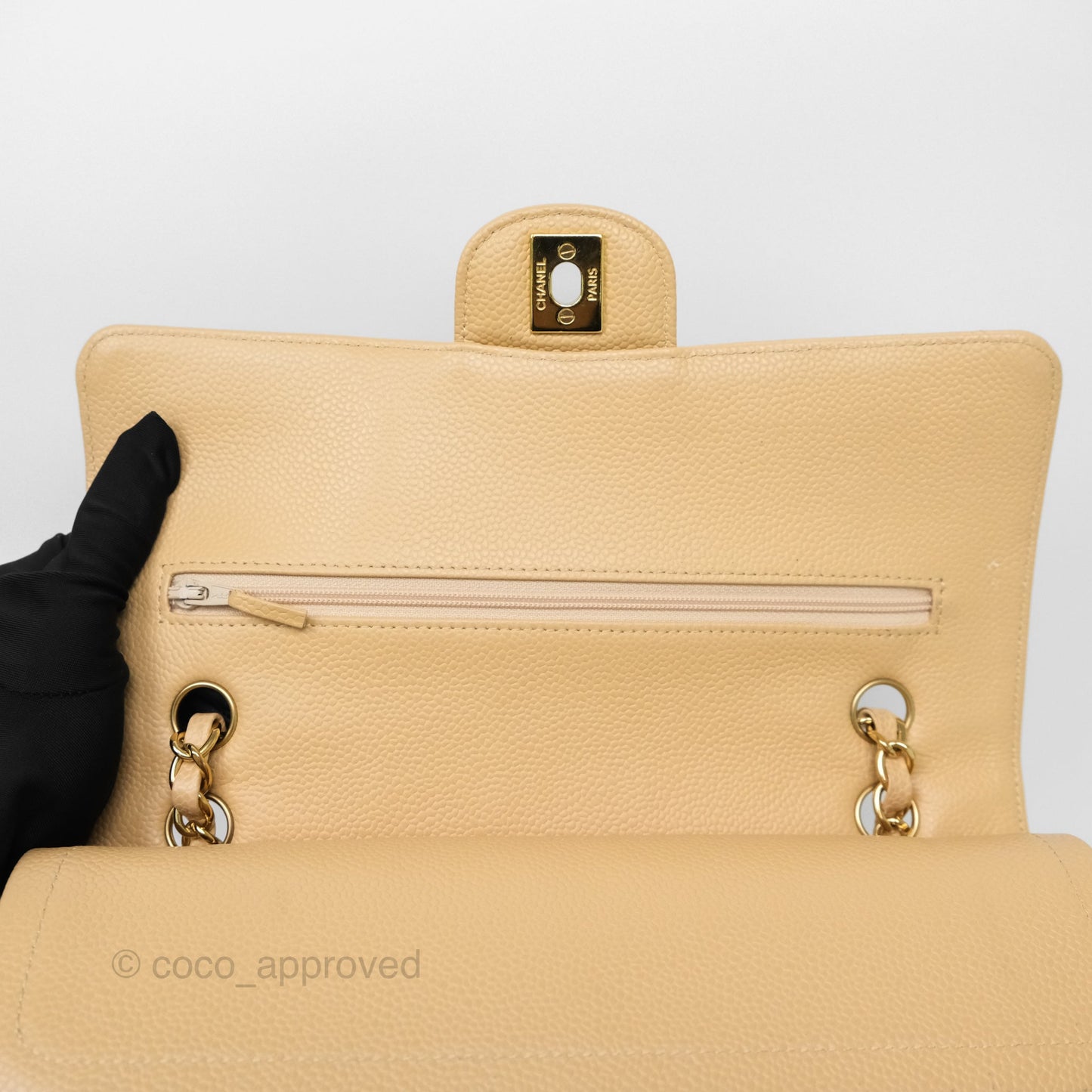 Chanel M/L Medium Classic Flap Quilted Beige Caviar Gold Hardware