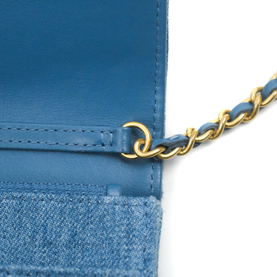 Chanel Quilted Pearl Crush Wallet on Chain WOC Denim Aged Gold Hardware