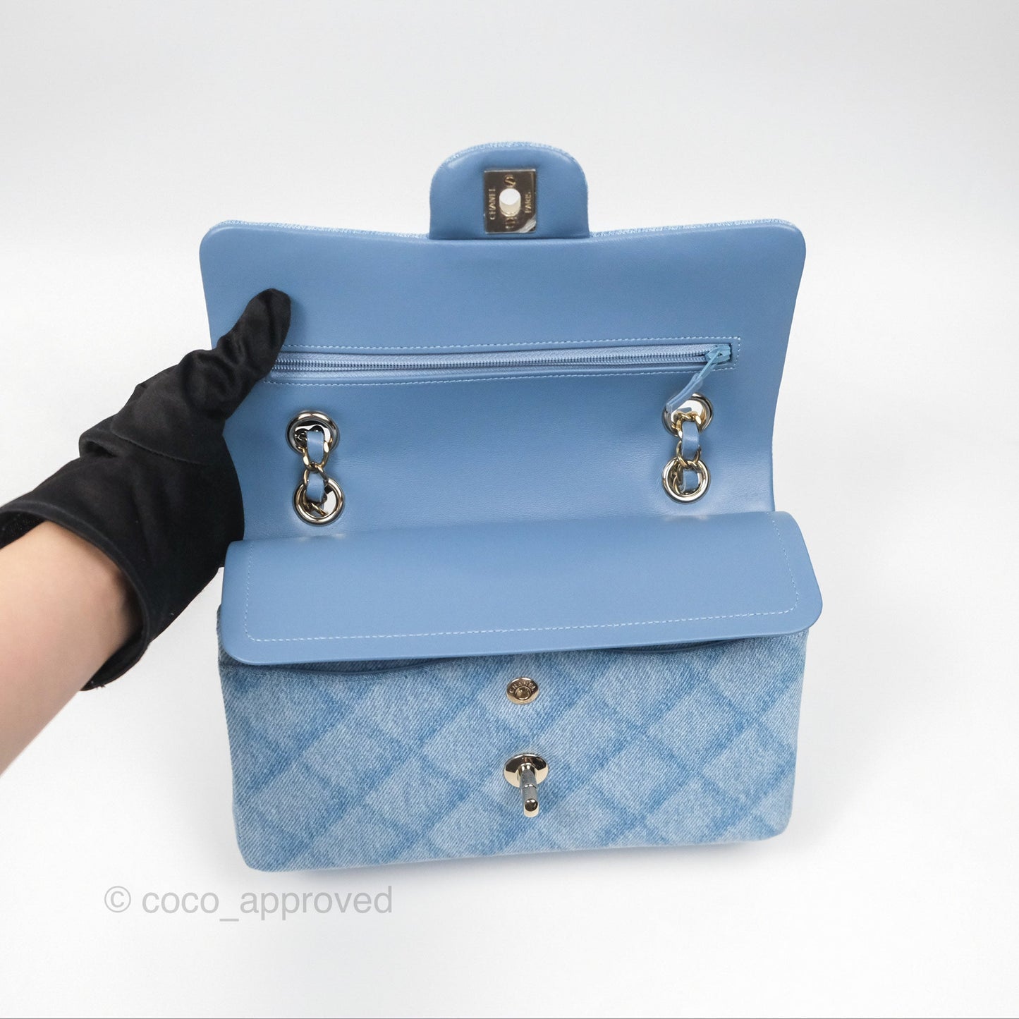 Chanel Quilted Small Double Flap Blue Printed Denim Gold Hardware