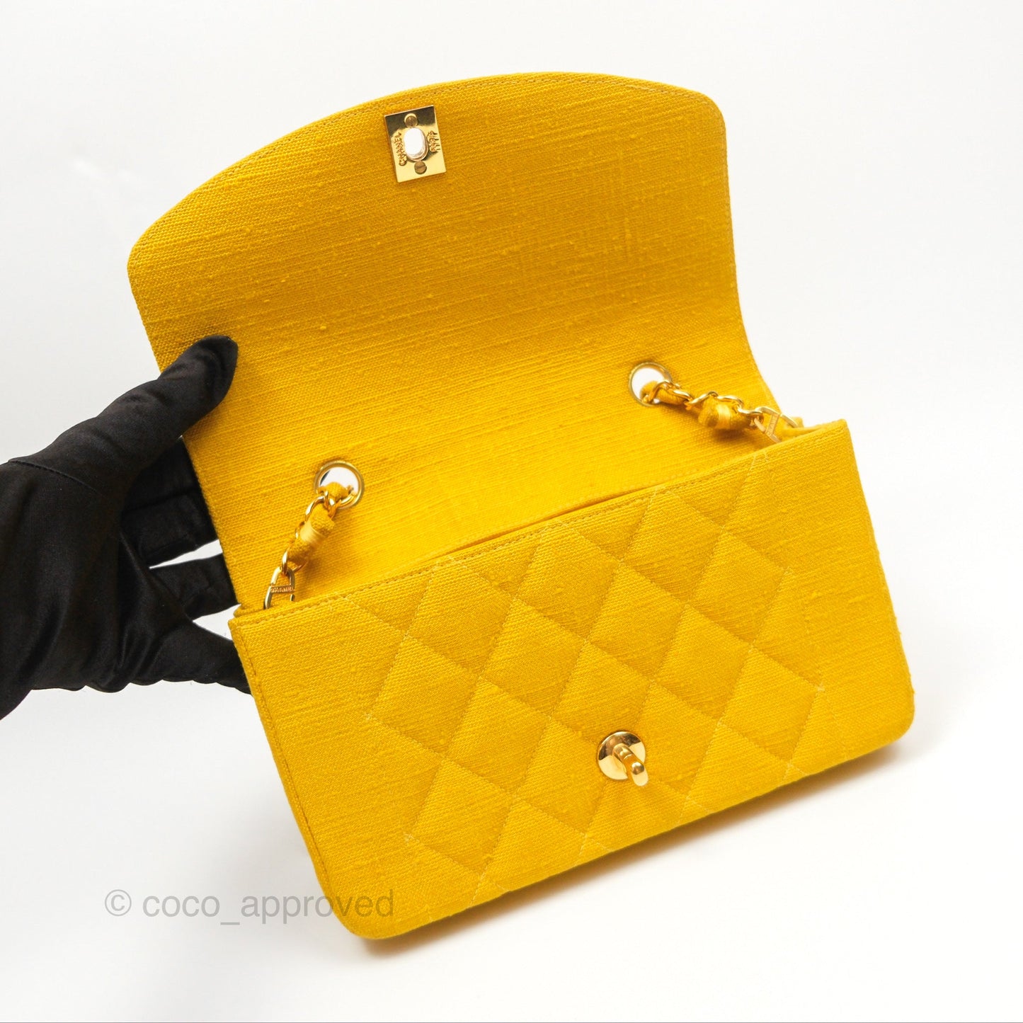 Chanel Vintage Small Classic Diana Flap Bag Yellow Linen Fabric 24K Gold Hardware