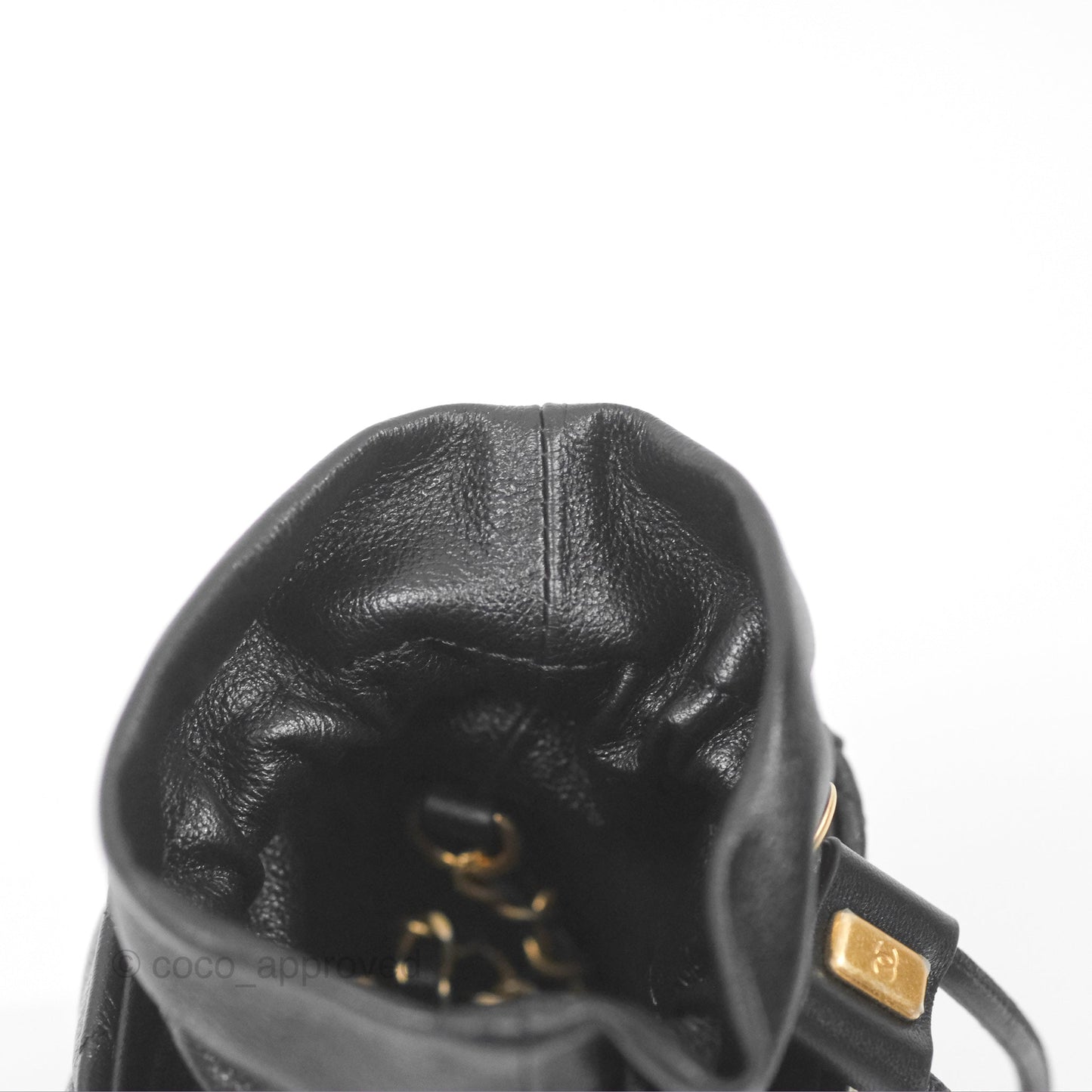 Chanel Mini Drawstring Bucket Bag with Chain Black Calfskin Aged Gold Hardware