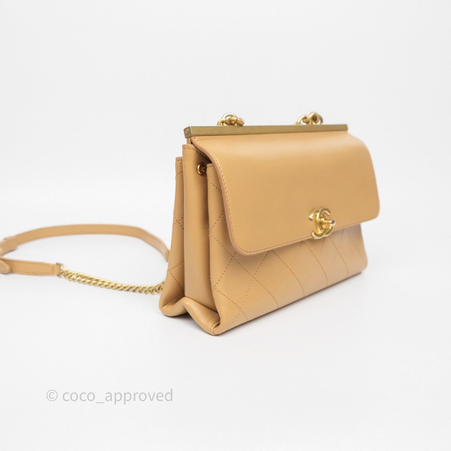 Chanel Small Coco Luxe Flap Bag Caramel Beige Calfskin Aged Gold Hardware