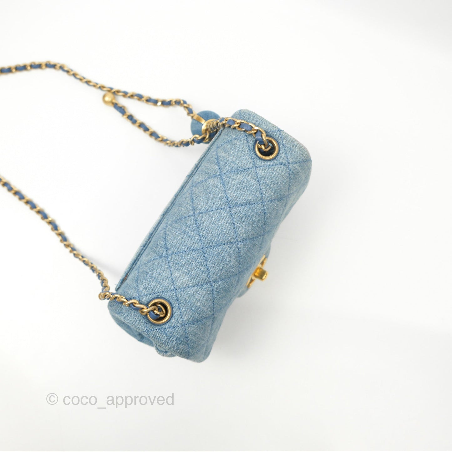 Chanel Mini Square Pearl Crush Quilted Denim Aged Gold Hardware