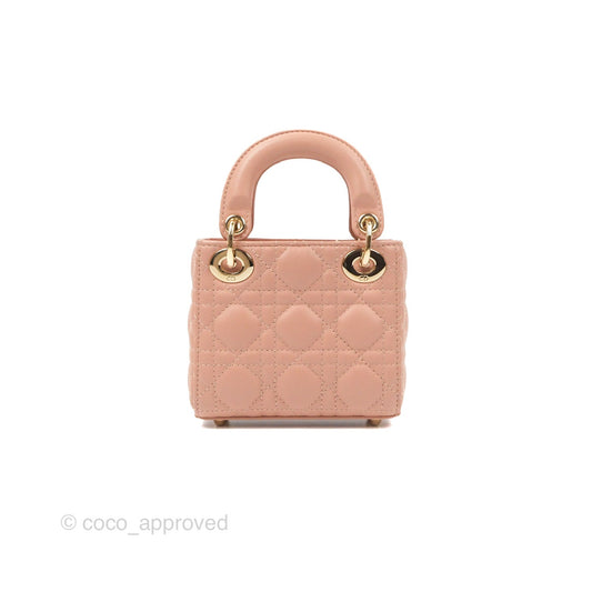 Christian Dior Micro Lady Dior Cannage Rose Des Vents Cannage Lambskin Gold Hardware