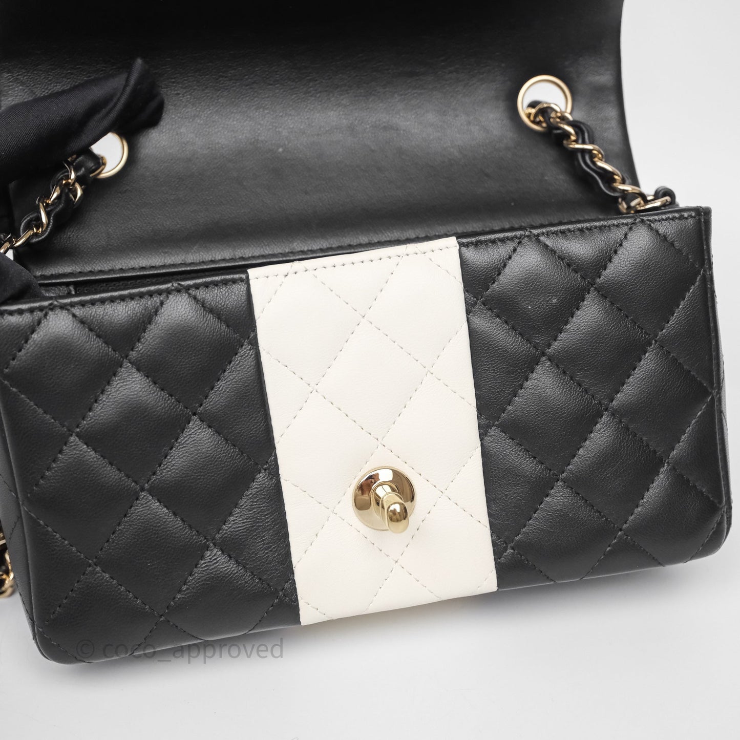 Chanel Mini Rectangular Flap Quilted Black White Lambskin Gold Hardware