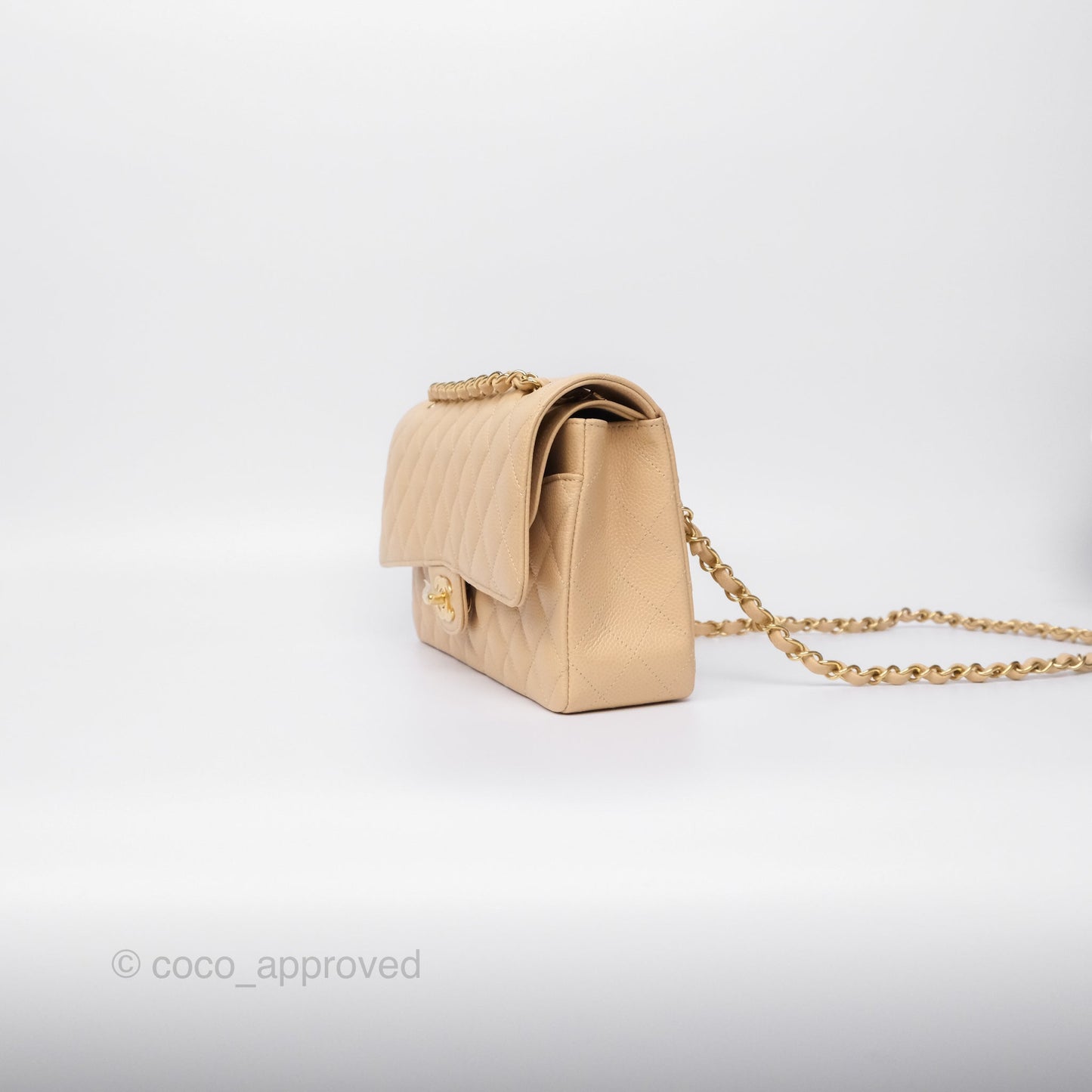 Chanel Classic M/L Medium Flap Quilted Beige Caviar Gold Hardware
