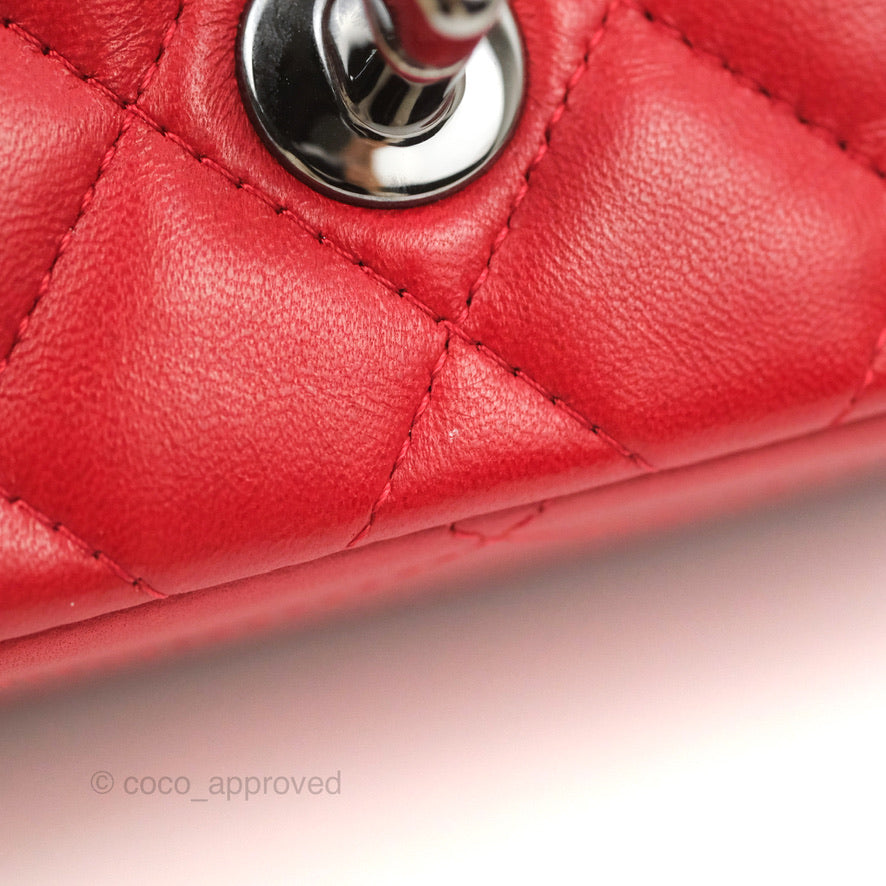 Chanel Quilted Mini Square Red Lambskin Gun Metal