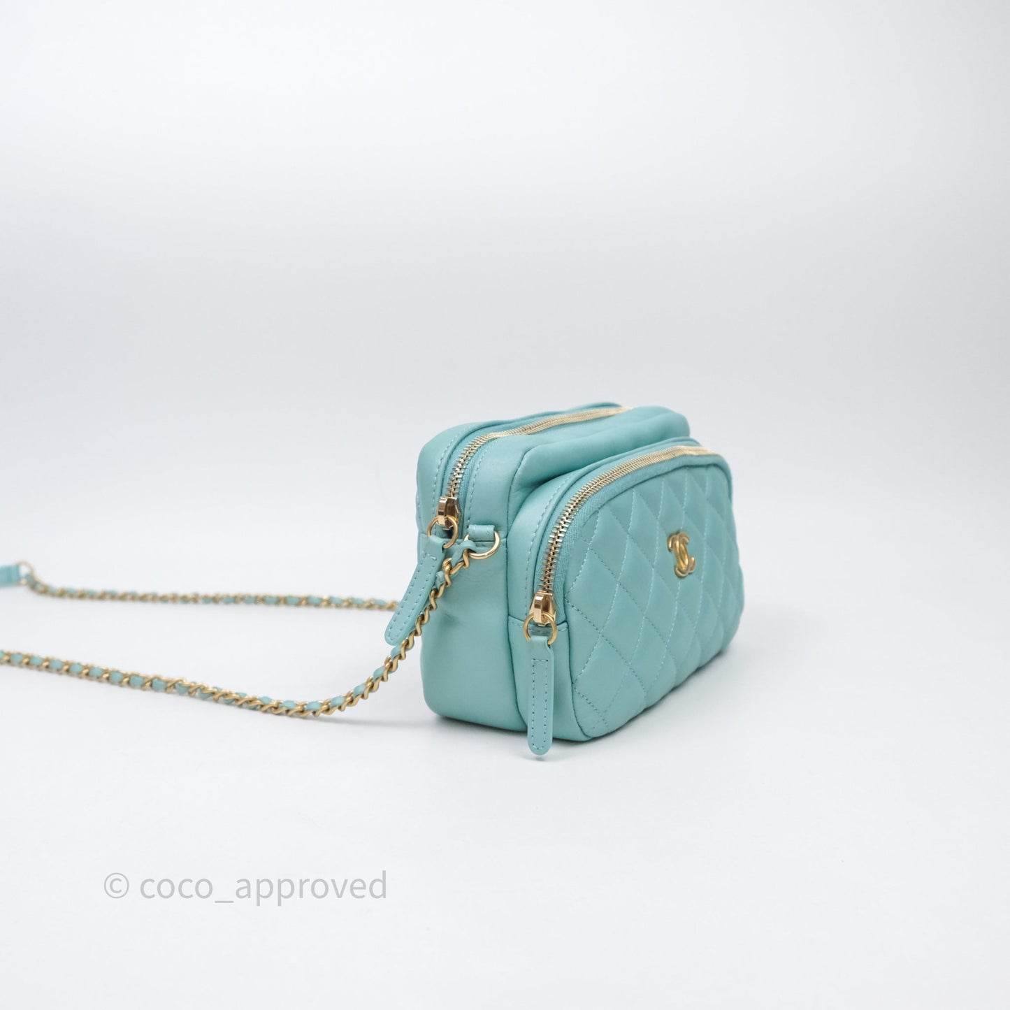 Chanel Camera Bag Quilted Pearly Turquoise Lambskin Aged Gold Hardware
