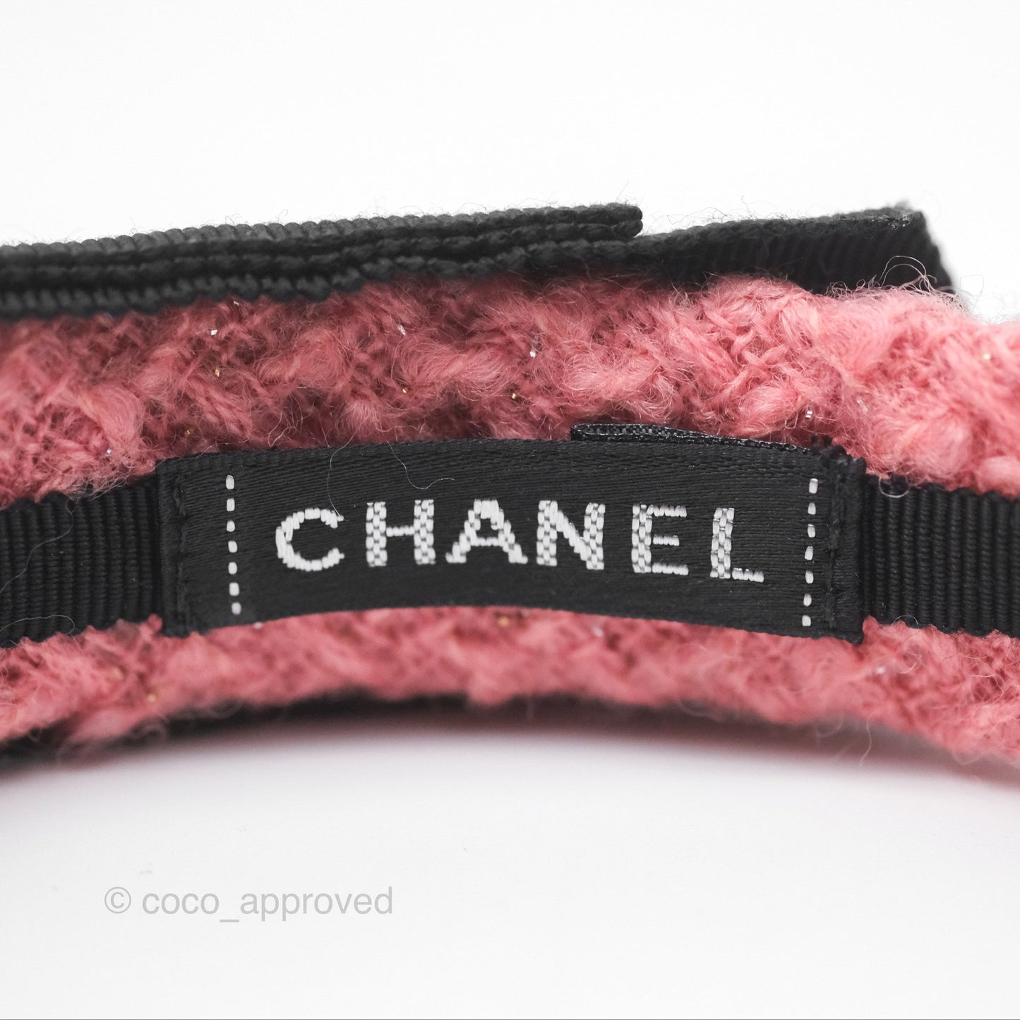 Chanel Black CC Silk Ribbon Bow Tweed Hair Band Pink 22B