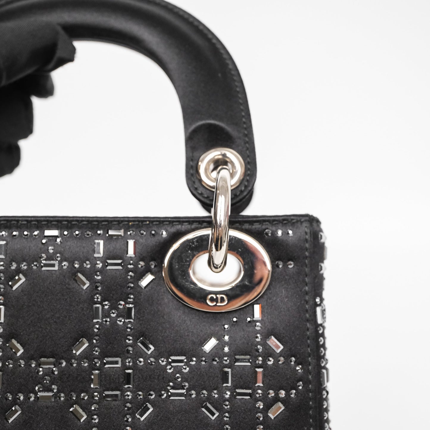 Christian Dior Mini Lady Dior Bag Black Strass Cannage Satin Silver Hardware