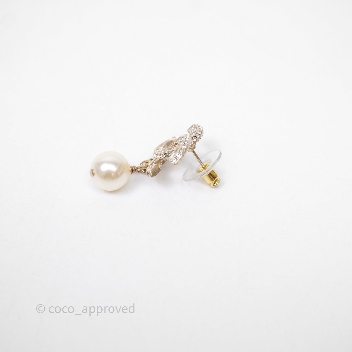 Chanel Crystal CC Pearl Drop Earrings Gold Tone 24V