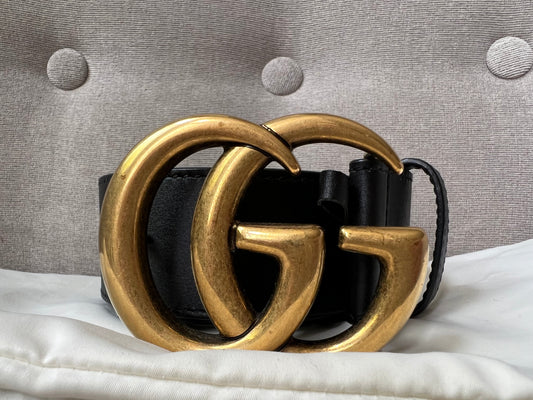 Luxury Gucci GG 2015 Re edition Marmont Black Wide Leather Belt with Gold Buckle