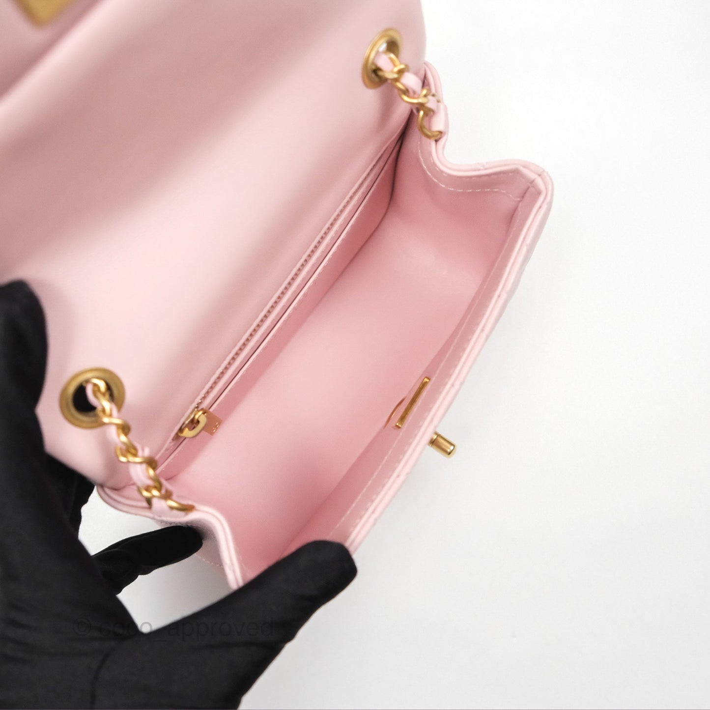 Chanel Pearl Crush Mini Square Quilted Light Pink Lambskin Aged Gold Hardware