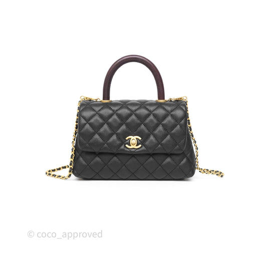 Chanel Small Coco Handle Quilted Black Caviar Aged Gold Hardware Lizard Handle