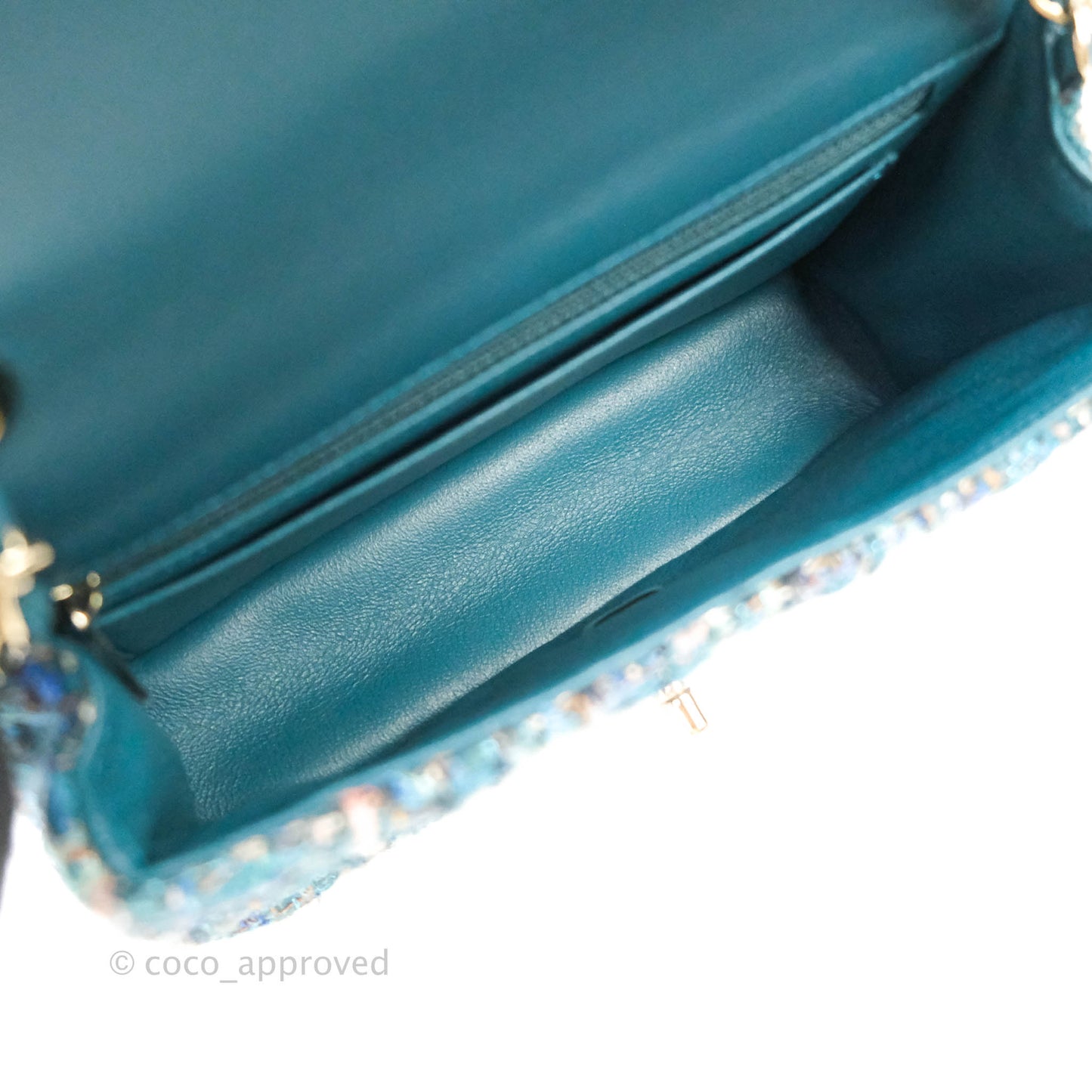 Chanel Quilted Mini Rectangular Turquoise Tweed Gold Hardware