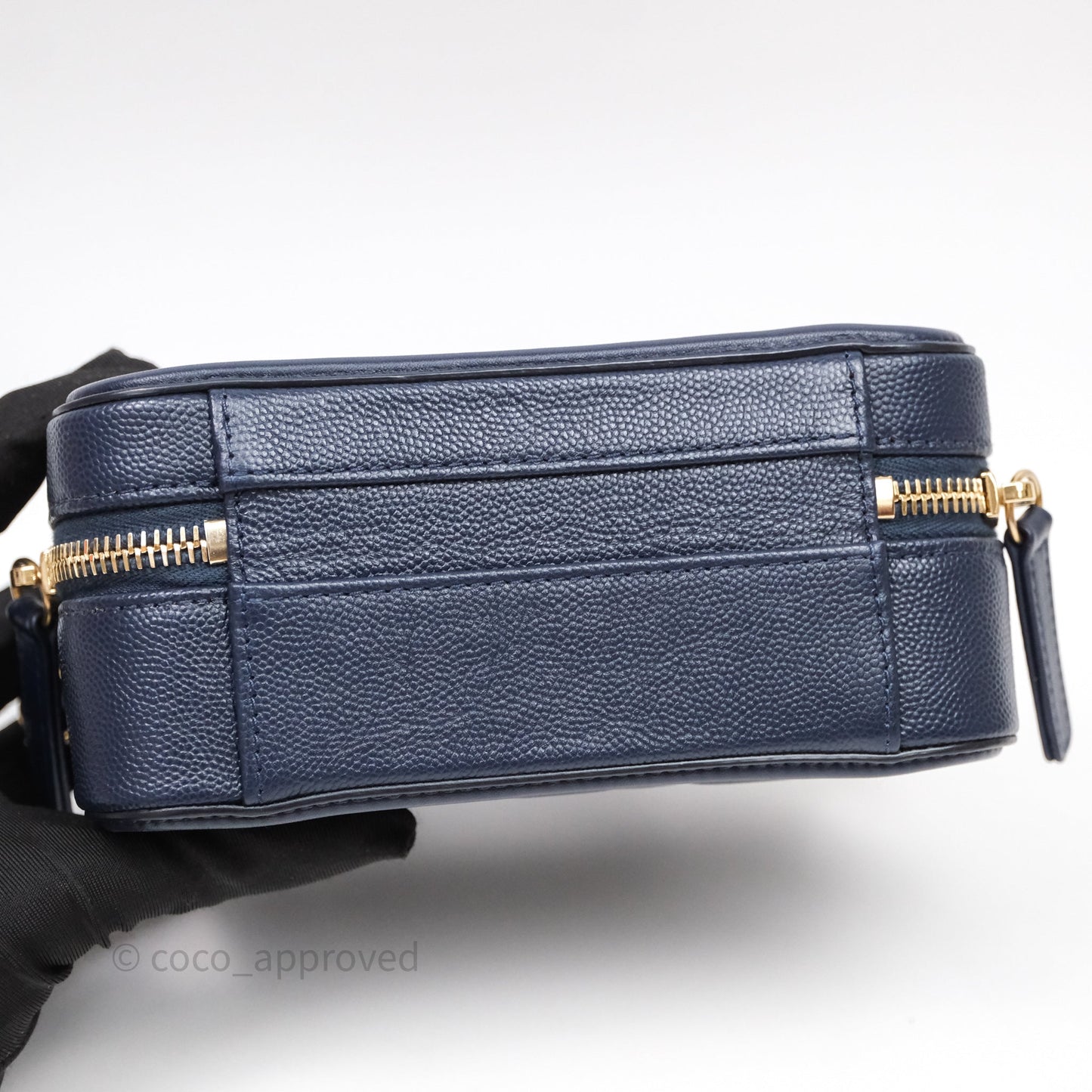Chanel Quilted Small CC Filigree Vanity Case Navy Caviar Gold Hardware
