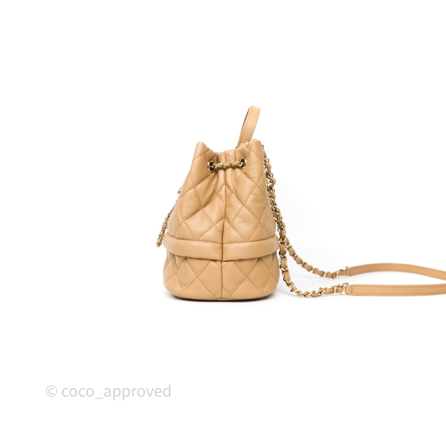 Chanel Rolled Up Bucket Drawstring Bag Beige Caviar Gold Hardware