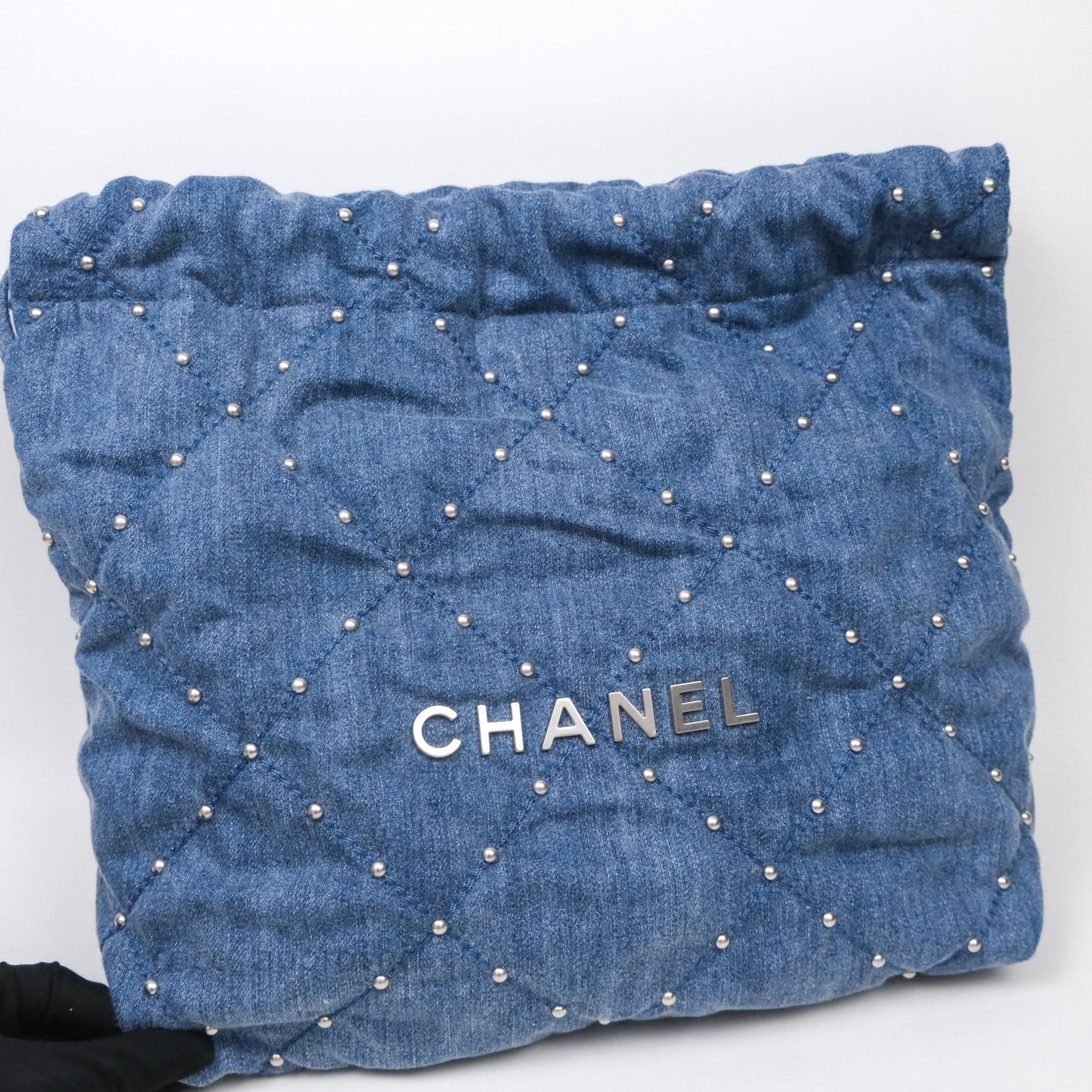 Chanel 22 Small Pearl Studded Denim Silver Hardware
