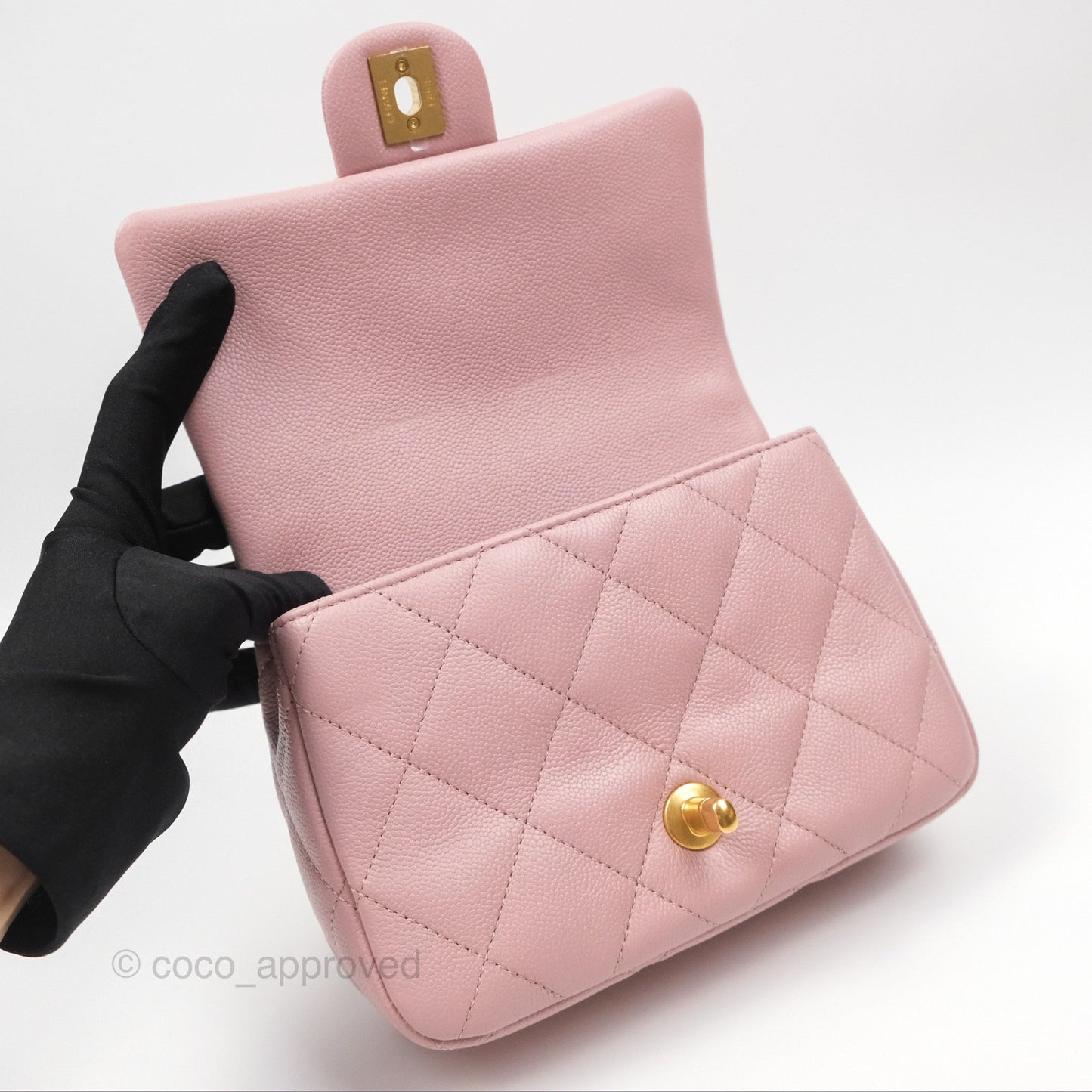Chanel Mini Flap Bag Heart Adjustable Chain Dusty Pink Caviar Aged Gold Hardware