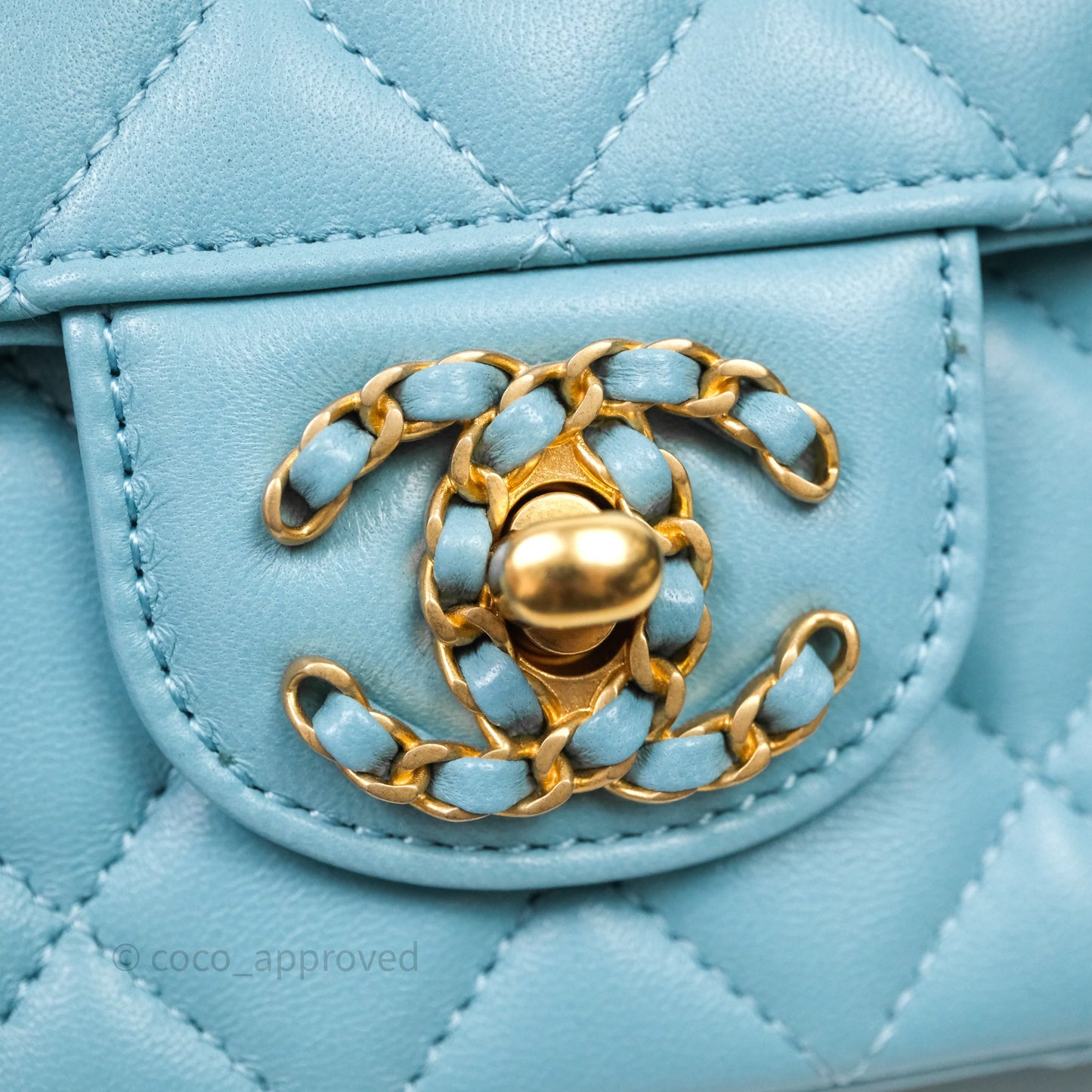 Chanel Flap Bag with Crystal Logo Top Handle Tiffany Blue Lambskin Aged Gold Hardware