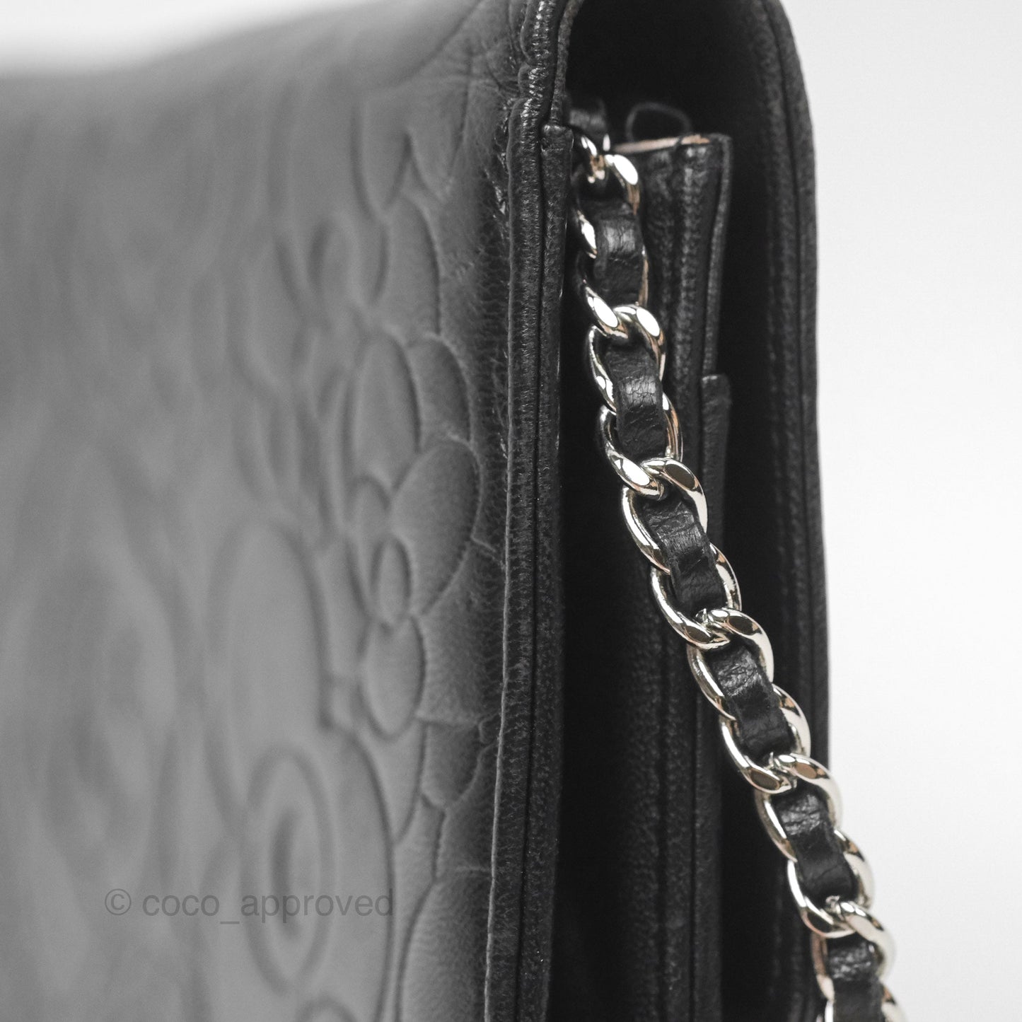 Chanel Camellia Embossed Wallet on Chain WOC Black Lambskin Silver Hardware