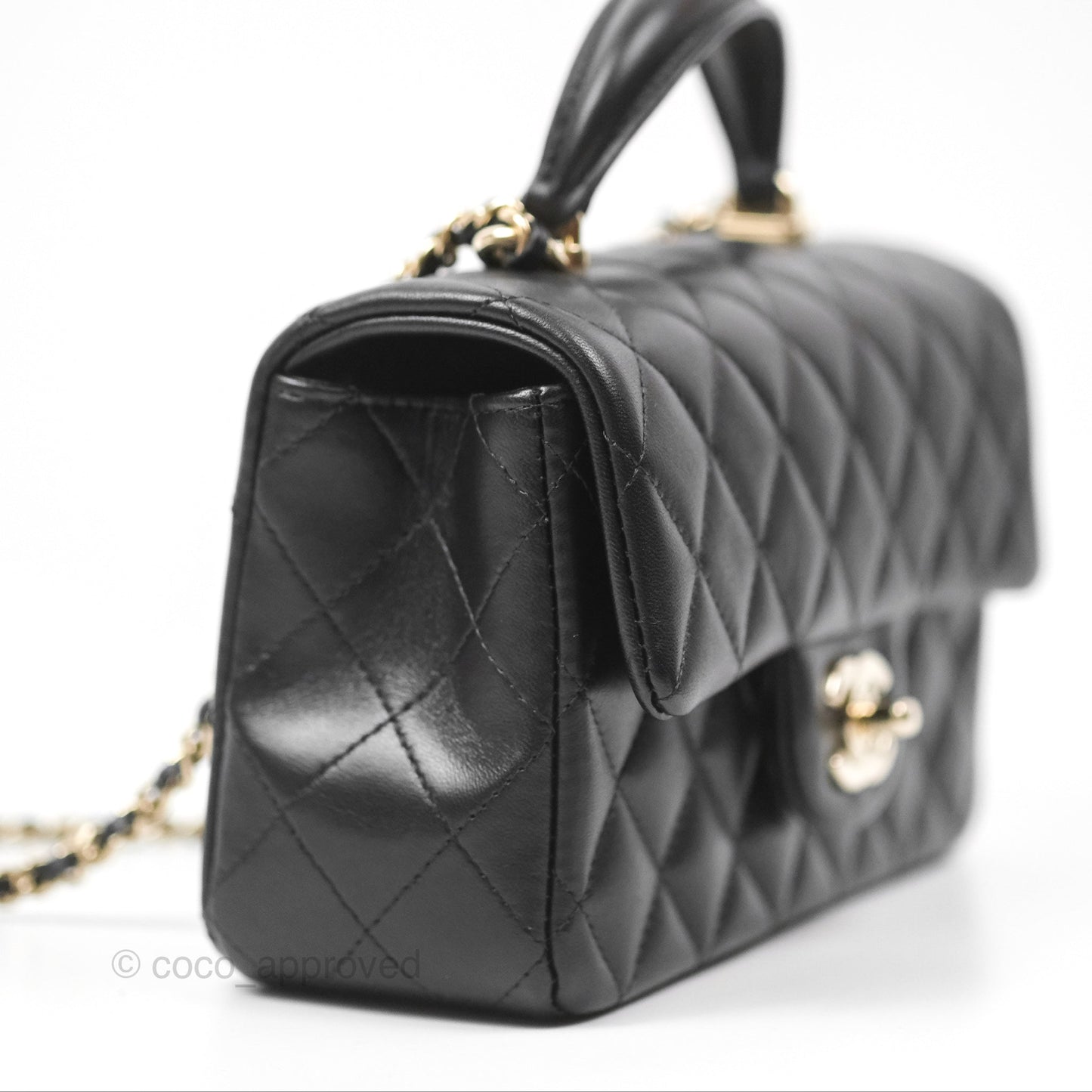 Chanel Top Handle Mini Rectangular Flap Bag with Charm Black Lambskin Gold Hardware