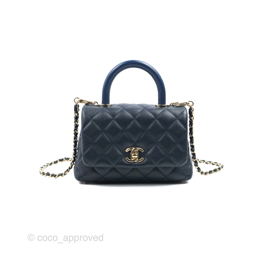 Chanel Mini Coco Handle Quilted Navy Caviar Gold Hardware Lizard Embossed Handle