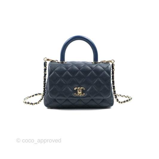 Chanel Mini Coco Handle Quilted Navy Caviar Gold Hardware Lizard Embossed Handle
