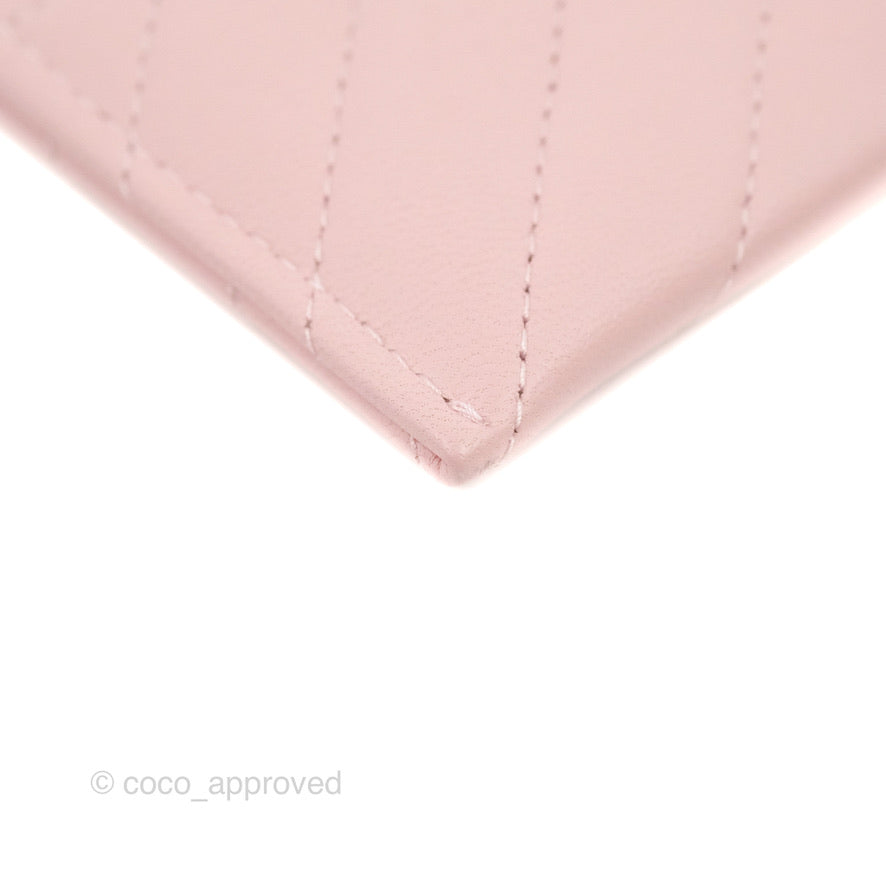 Chanel Chevron Classic Flat Card Holder Pink Lambskin Silver Hardware