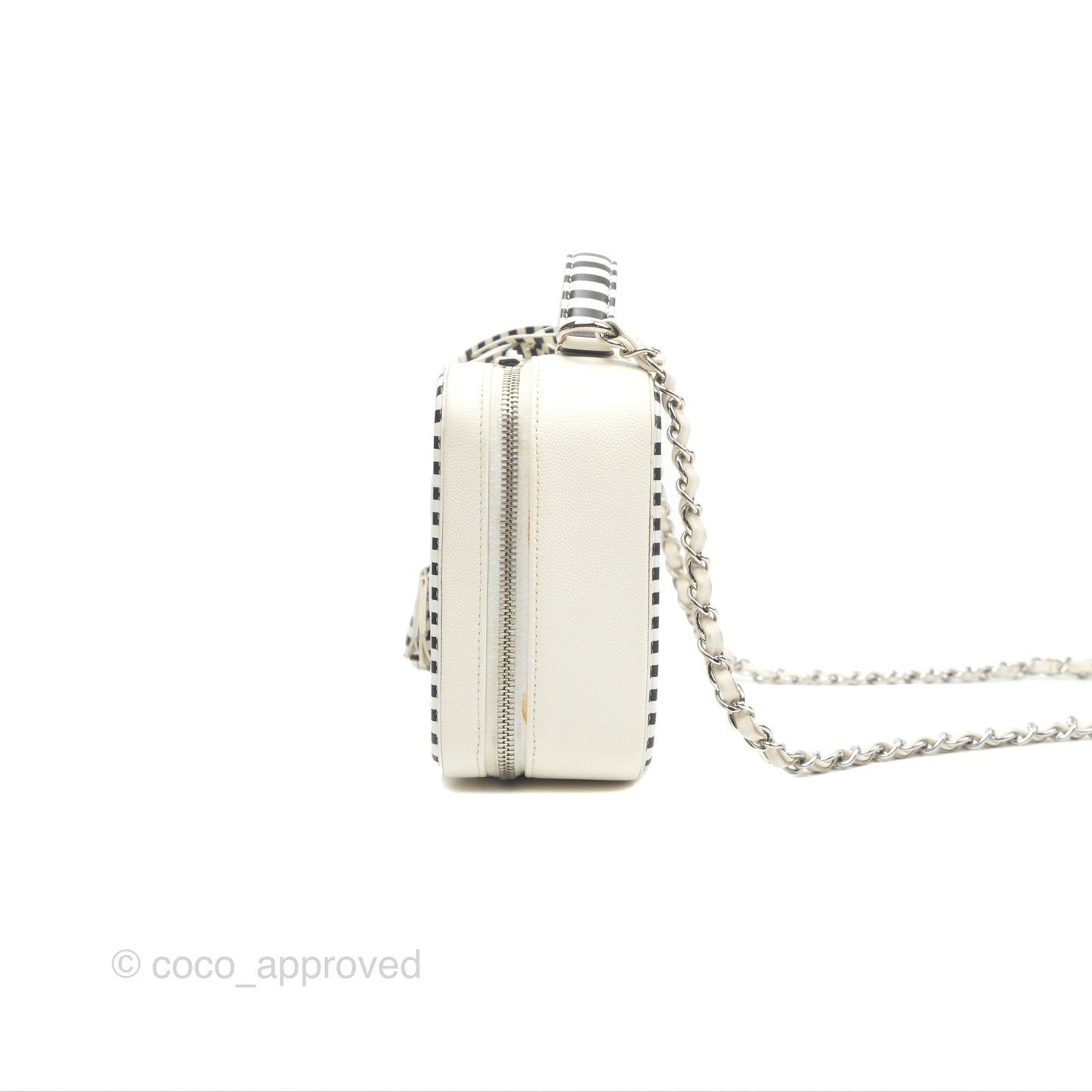 Chanel Quilted Medium CC Filigree Vanity Case White Black Stripe Caviar Silver Hardware