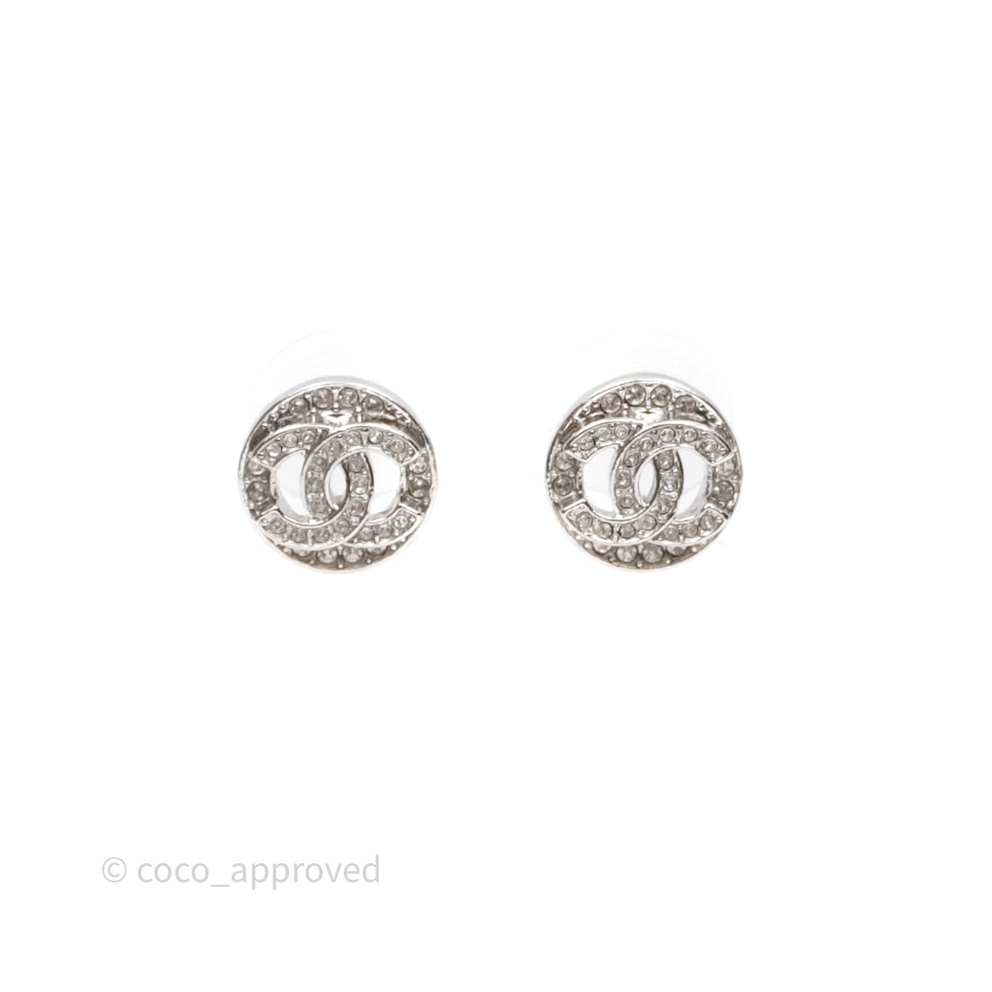 Chanel CC Crystals Round Earrings Silver Tone 25S