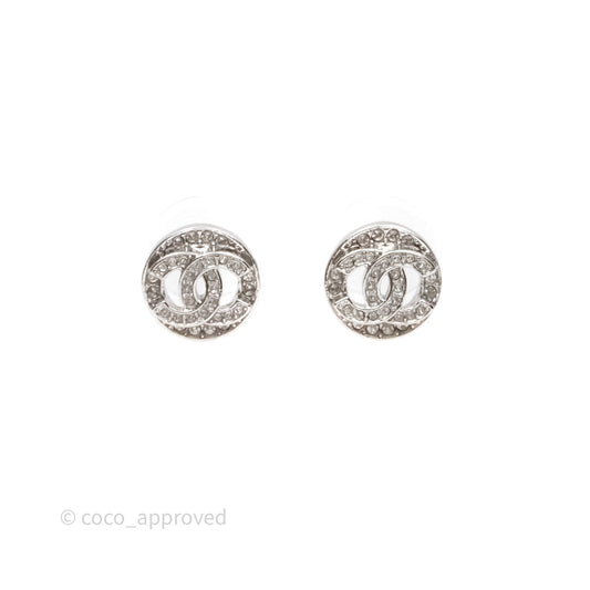 Chanel CC Crystals Round Earrings Silver Tone 25S