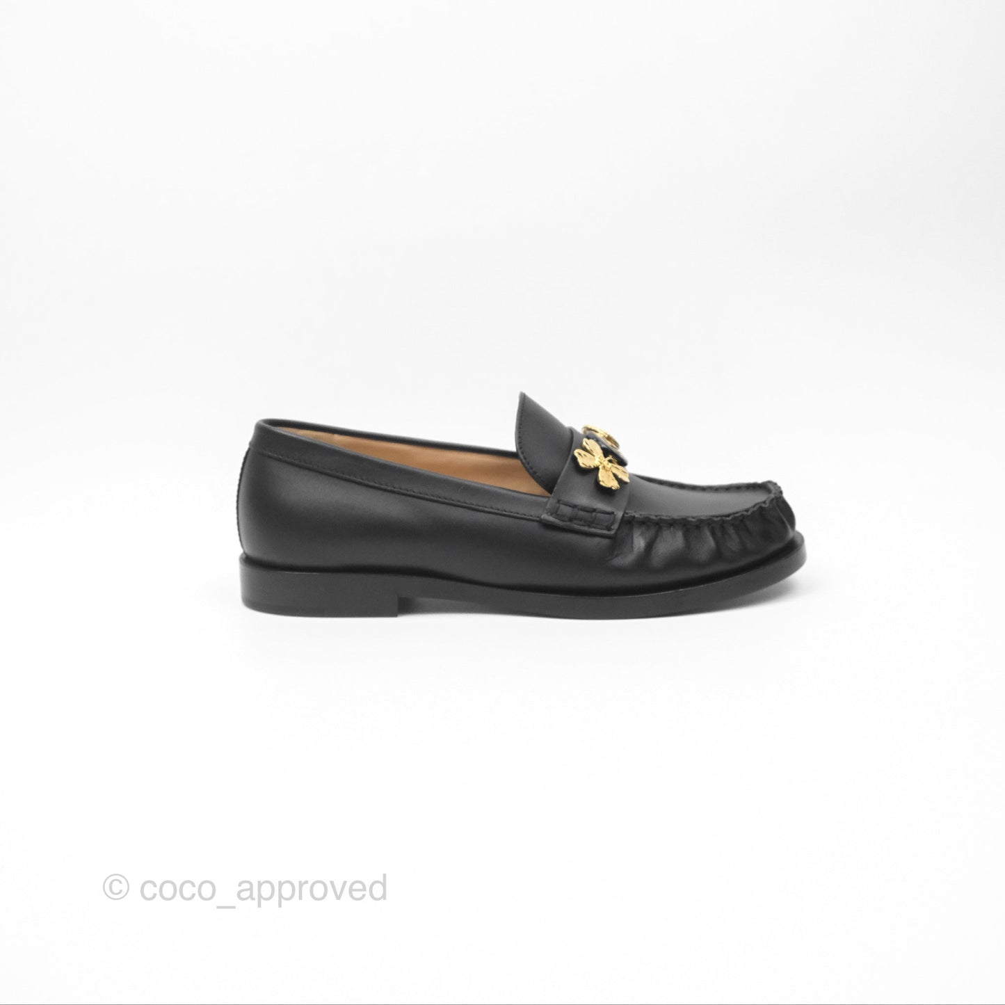 Chanel Loafers Black Leather CC Clover Camellia 23S Size 37C