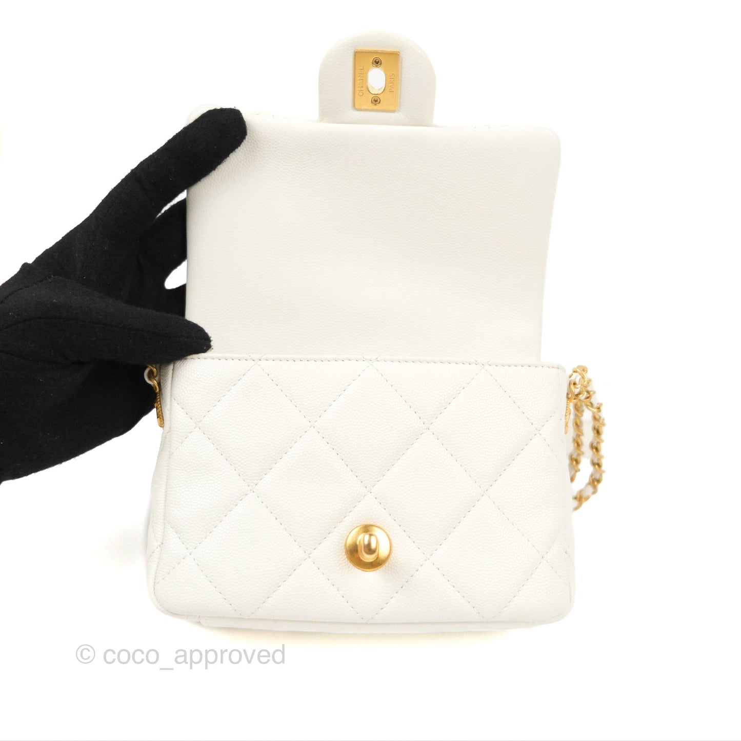 Chanel Mini Flap with Coin Charm White Caviar Aged Gold Hardware 22A